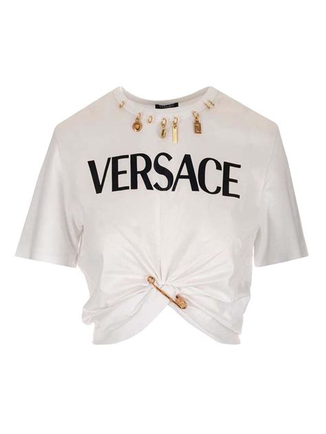 versace logo safety-pin cropped t-shirt|Safety Pin Crop Logo T.